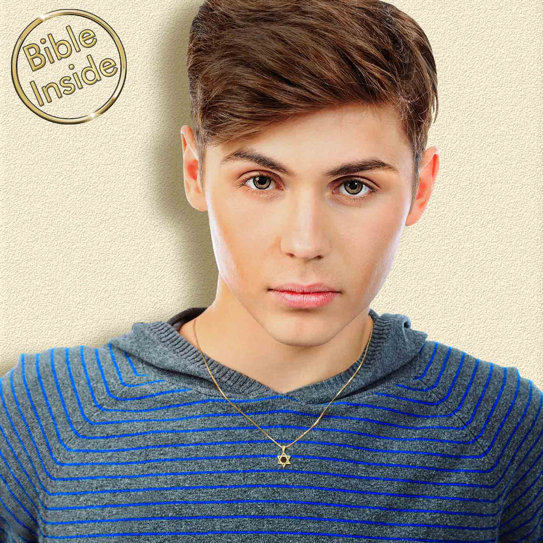 שרשראות זהב 14 קראט לבר מצווה - מגן דוד קטן עם ננו תנך - ננו בייבל