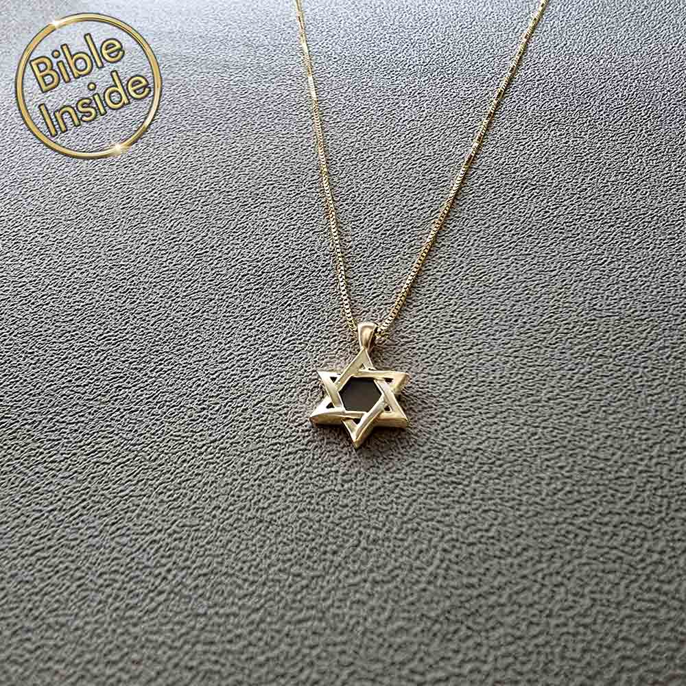 שרשרת זהב לבן בר מצווה - מגן דוד קטן עם ננו תנך - ננו בייבל
