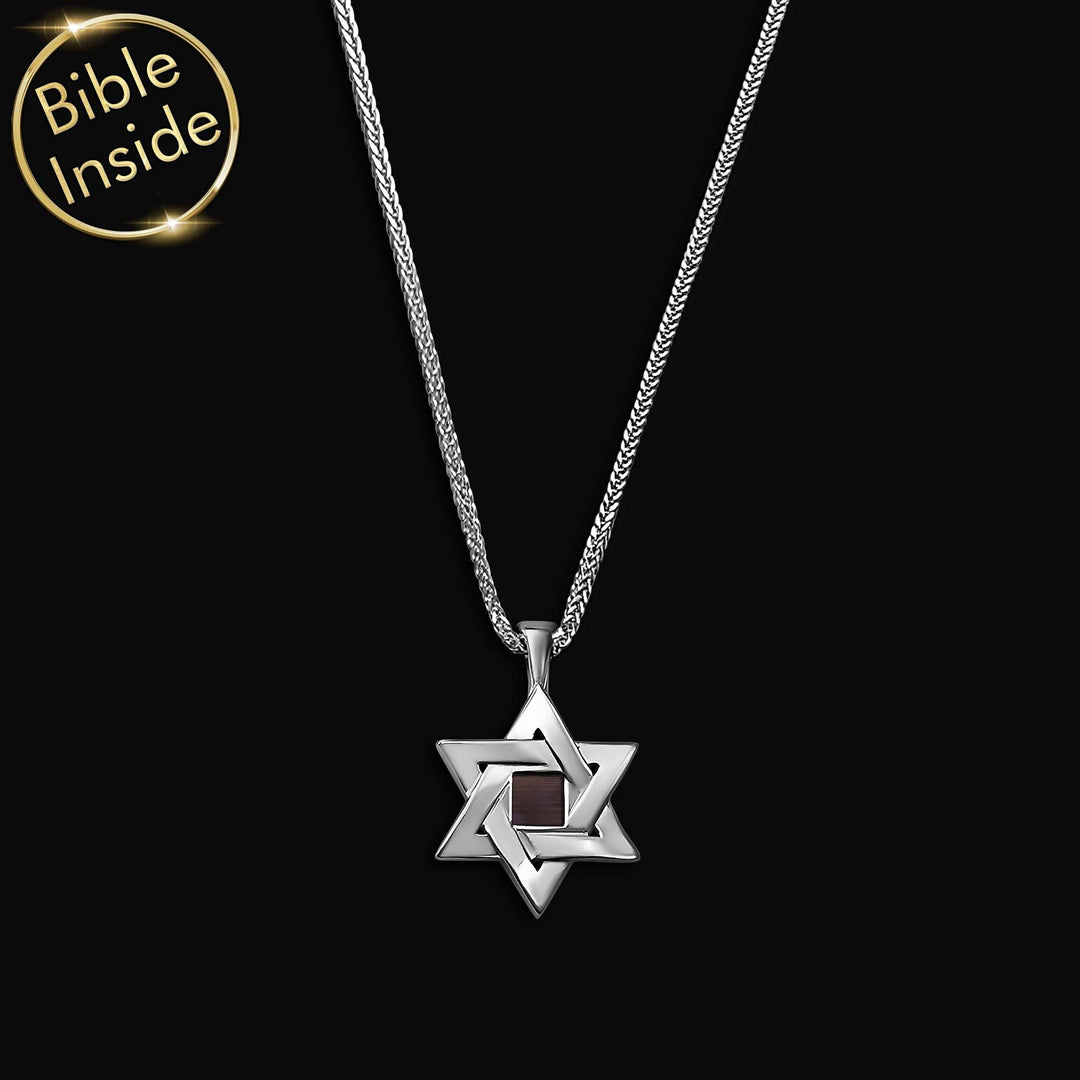 שרשרת מגן דויד לגבר זהב לבן עם כל 24 סיפרי התנ"ך | ננו תכשיטים