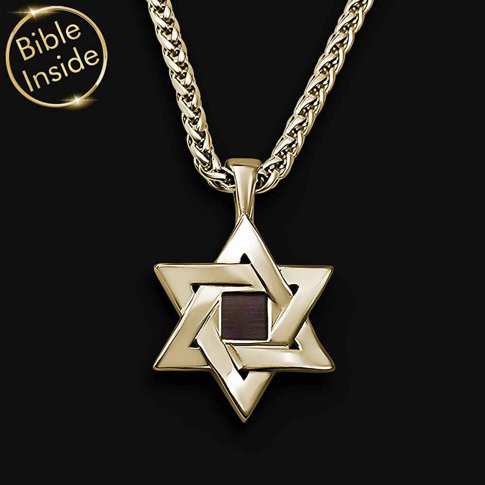 מתנות יהודיות לבר מצווה – תכשיט מגן דוד בזהב עם כל ספרי התנ"ך