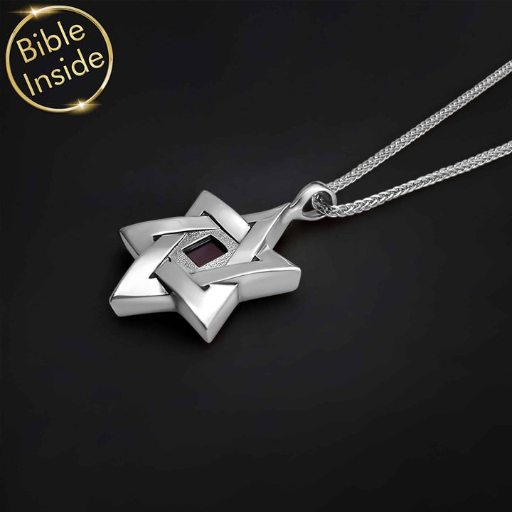 שרשרת מגן דוד זהב לבן לגבר עם כל התנ"ך - ננו תכשיטים