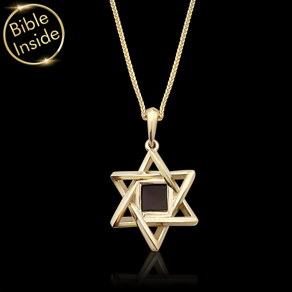 מתנה מגן דוד תלת-מימד זהב צהוב 14 קראט לגבר עם ננו תנ"ך- לטו באב