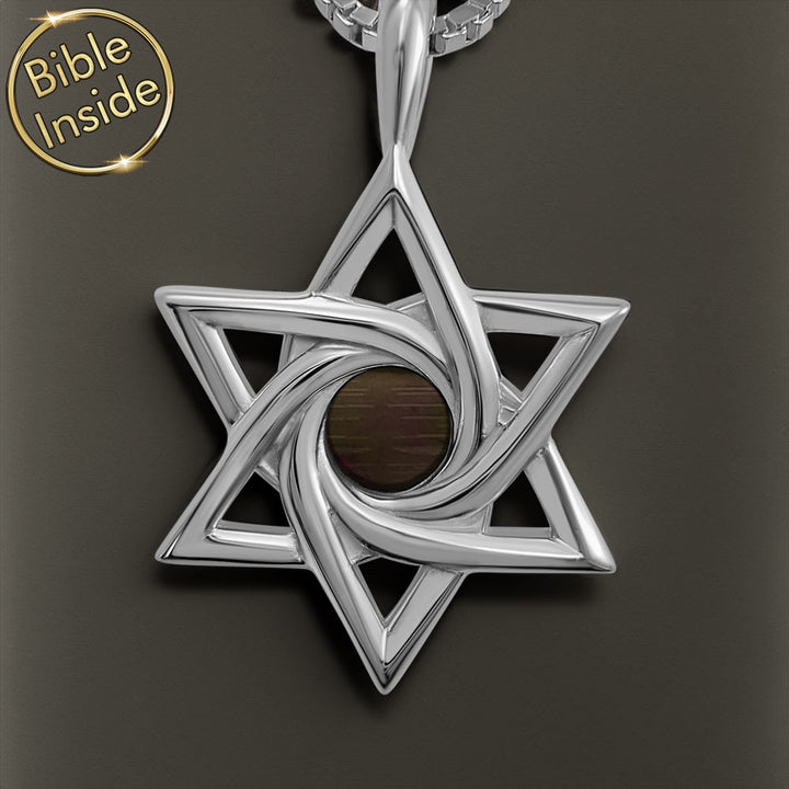 שרשרת מגן דוד לגבר עם שבב ננו תנ"ך וגימור כסף מבריק- מתנה לחייל קרבי