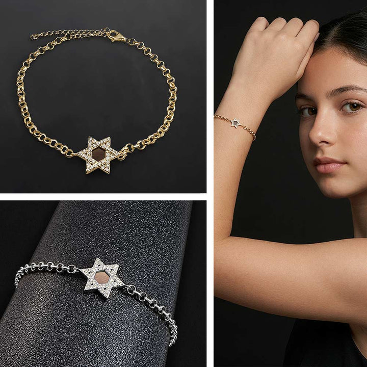 צמיד מתנה לבת מצווה עם מגן דוד נוצץ וננו תנ"ך במרכז