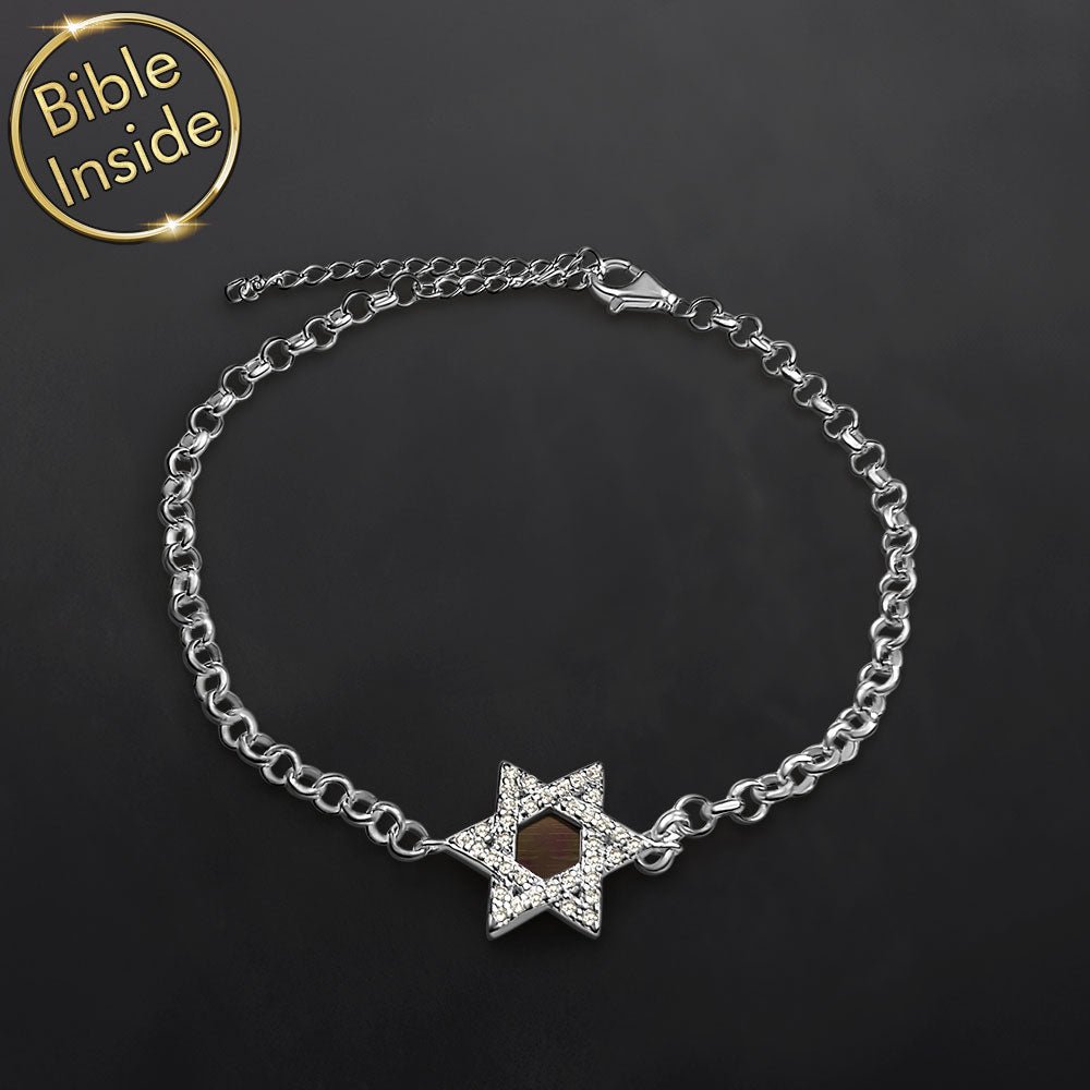 צמיד מתנה לבת מצווה זהב לבן עם זירקונים ושבב ננו תנ"ך