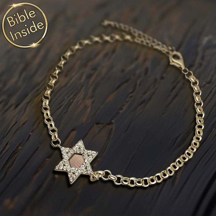 צמיד מגן דוד עם זירקונים לבת מצווה וננו תנ"ך בפנים