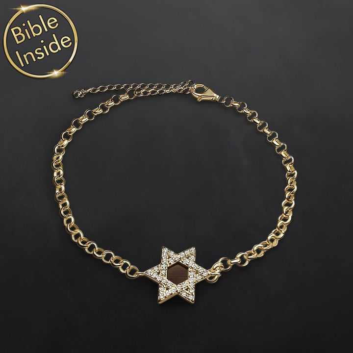 צמיד זהב 14 קראט לבת מצווה עם מגן דוד וננו תנ"ך משובץ