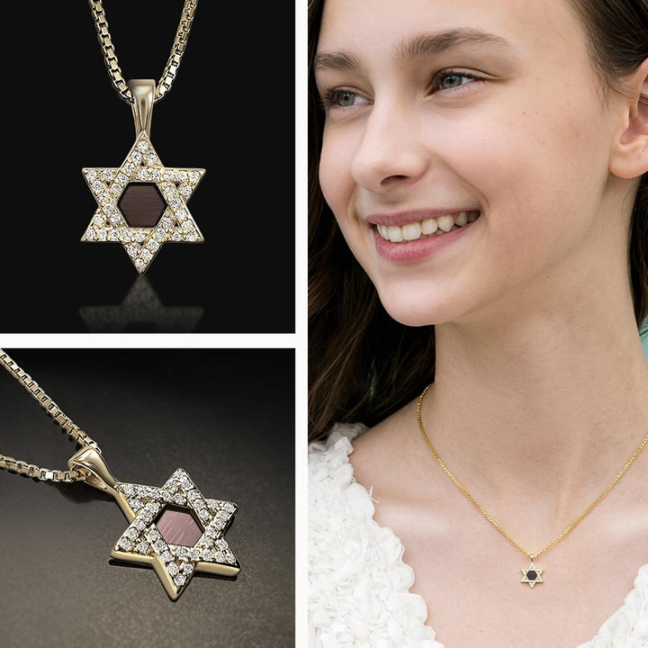 שרשרת זהב לבת מצווה עם תליון מגן דוד נוצץ וננו תנ"ך במרכז