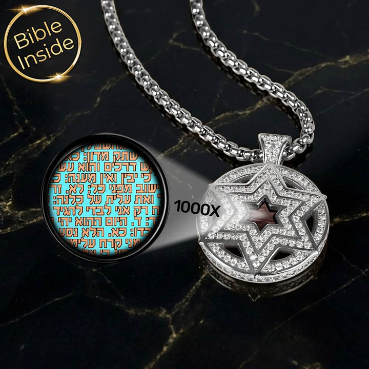 שרשרת עם תנ"ך - מגן דוד משובץ לגברים בכסף  - דגם כתר המגן (לבן) - מבצע 470