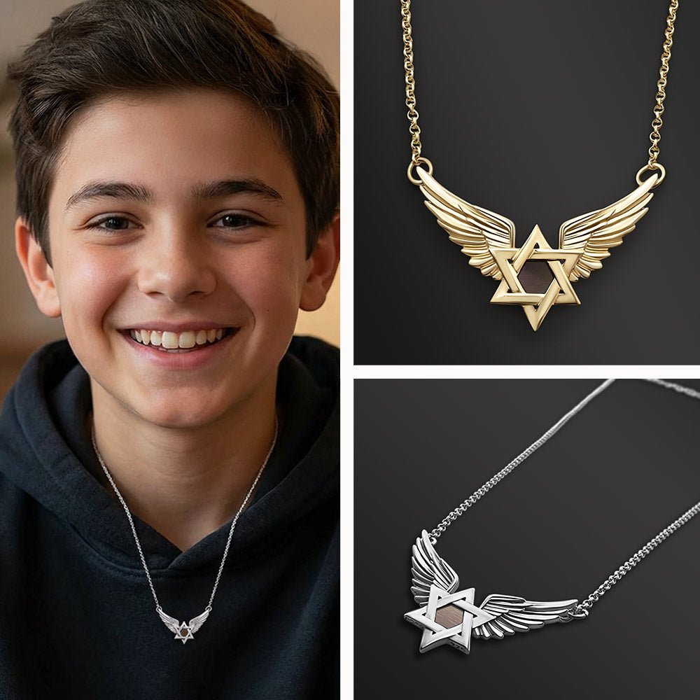 שרשרת לבר מצווה עם מגן דוד מכונף וכל התנ"ך בחריטה - עיצוב ייחודי