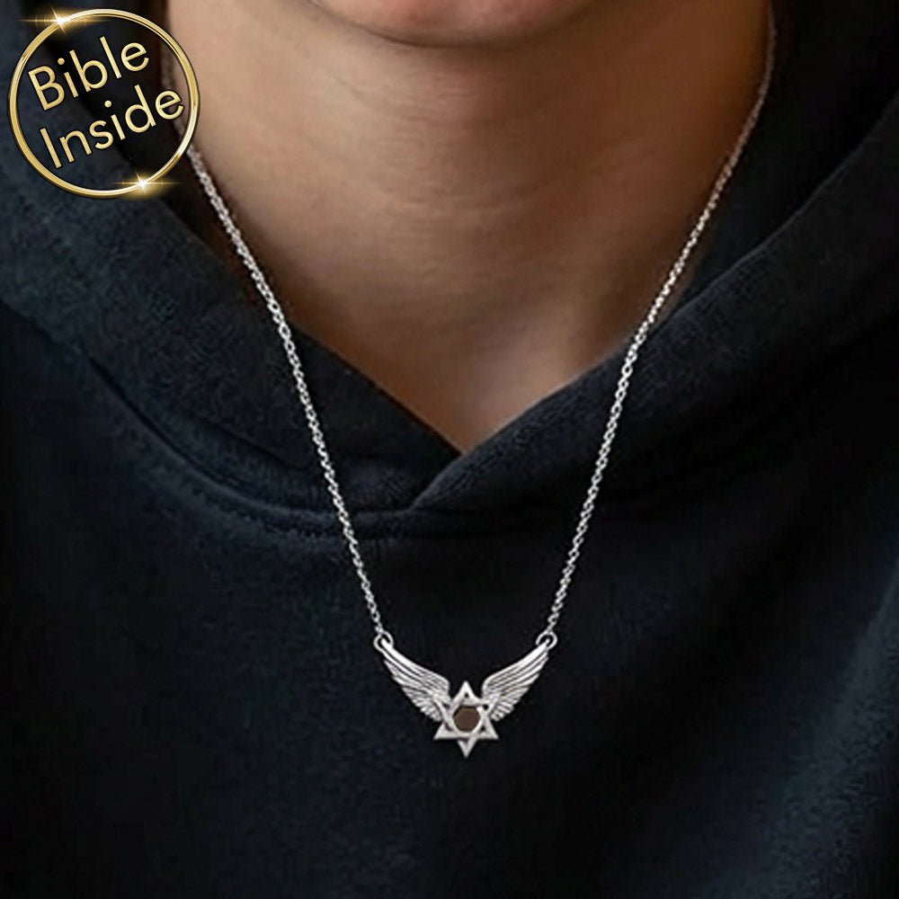 תכשיט מגן דוד מכונף לבר מצווה מכסף אמיתי עם ננו תנ"ך