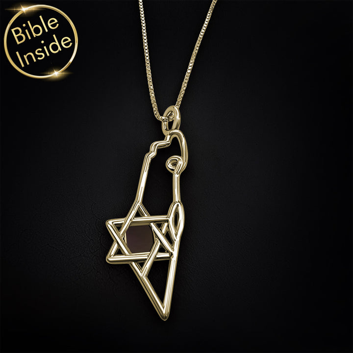 שרשרת מפת ישראל זהב צהוב 14 קראט עם מגן דוד וננו תנ"ך