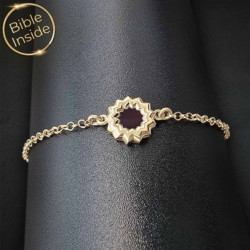 צמיד לבת מצווה זהב 14 קראט בעיצוב פרח האהבה עם ננו תנ"ך