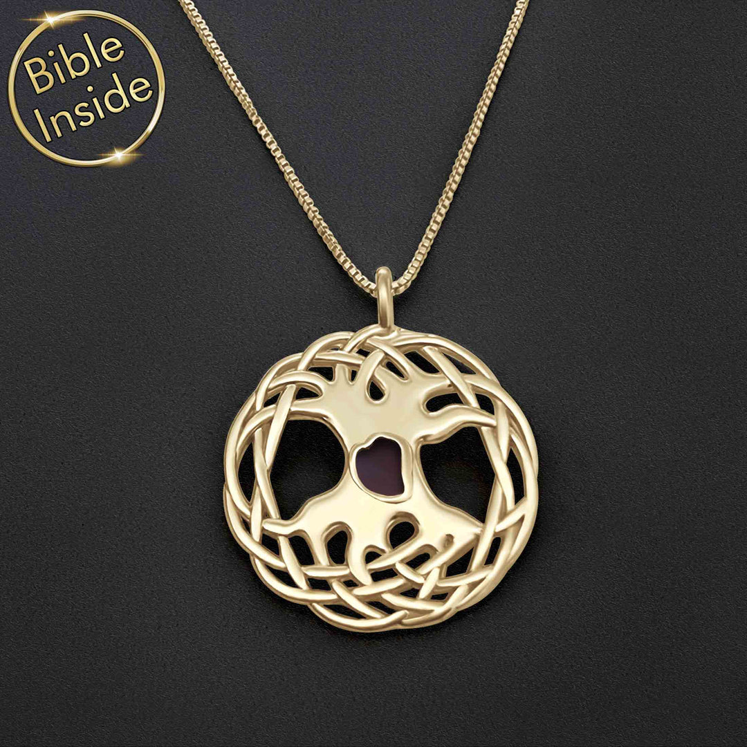 תליון עץ החיים מכסף מצופה זהב עם ננו תנ"ך, תכשיט מתנה לאישה 