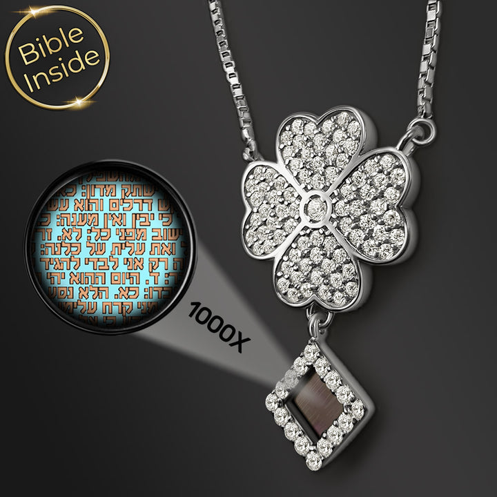 מתנה יוקרתית לפסח מבית שלמא – תליון תלתן זהב משובץ זרקונים וננו תנ"ך