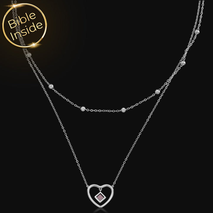 שרשרת מתנה לבת מצווה – לב כפול עם ננו תנ"ך ושכבות מבית שלמא