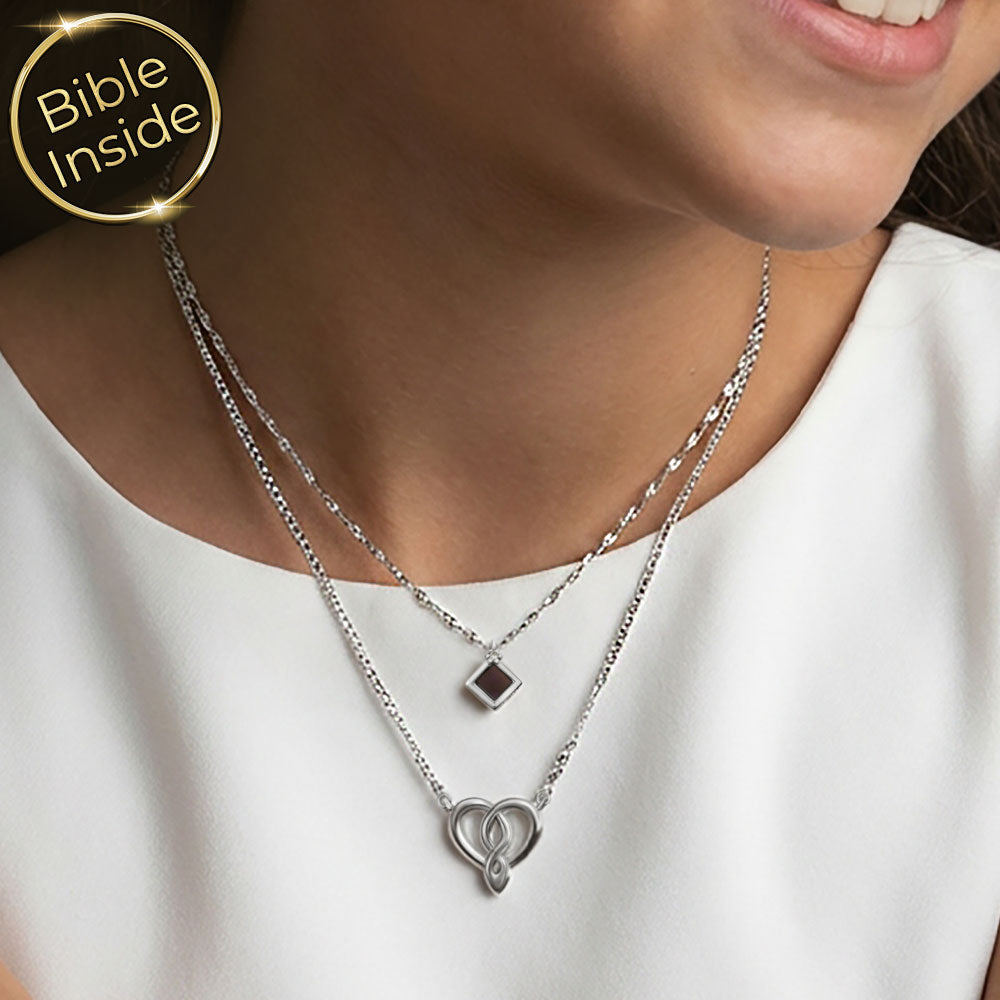 תכשיט זהב לבת מצווה שרשרת כפולה עם לב אינסוף וננו תנ"ך