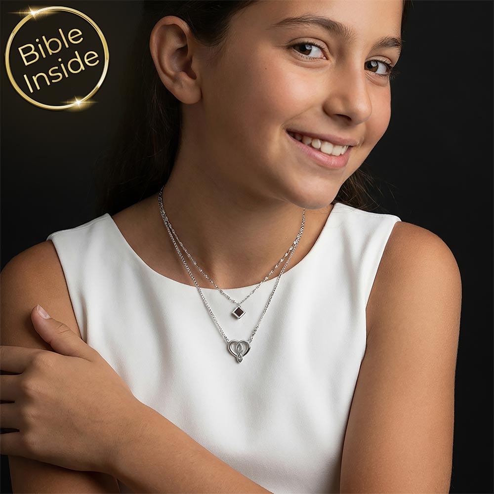 תכשיט מתנה לבת מצווה שרשרת כפולה עם לב וננו תנ"ך