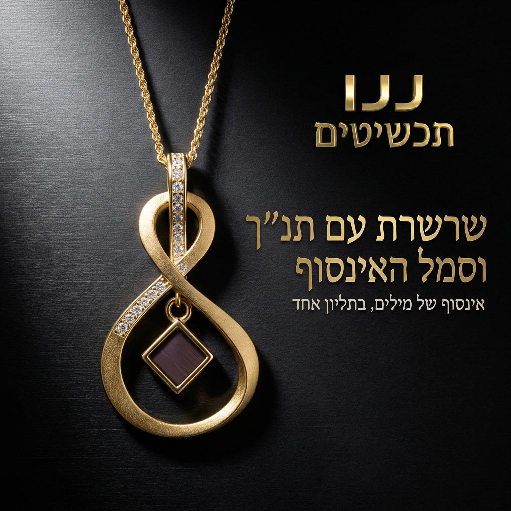 שרשרת ספר תורה בעיצוב אינפיניטי מוזהב, מוצגת כתכשיט נשי בעל משמעות