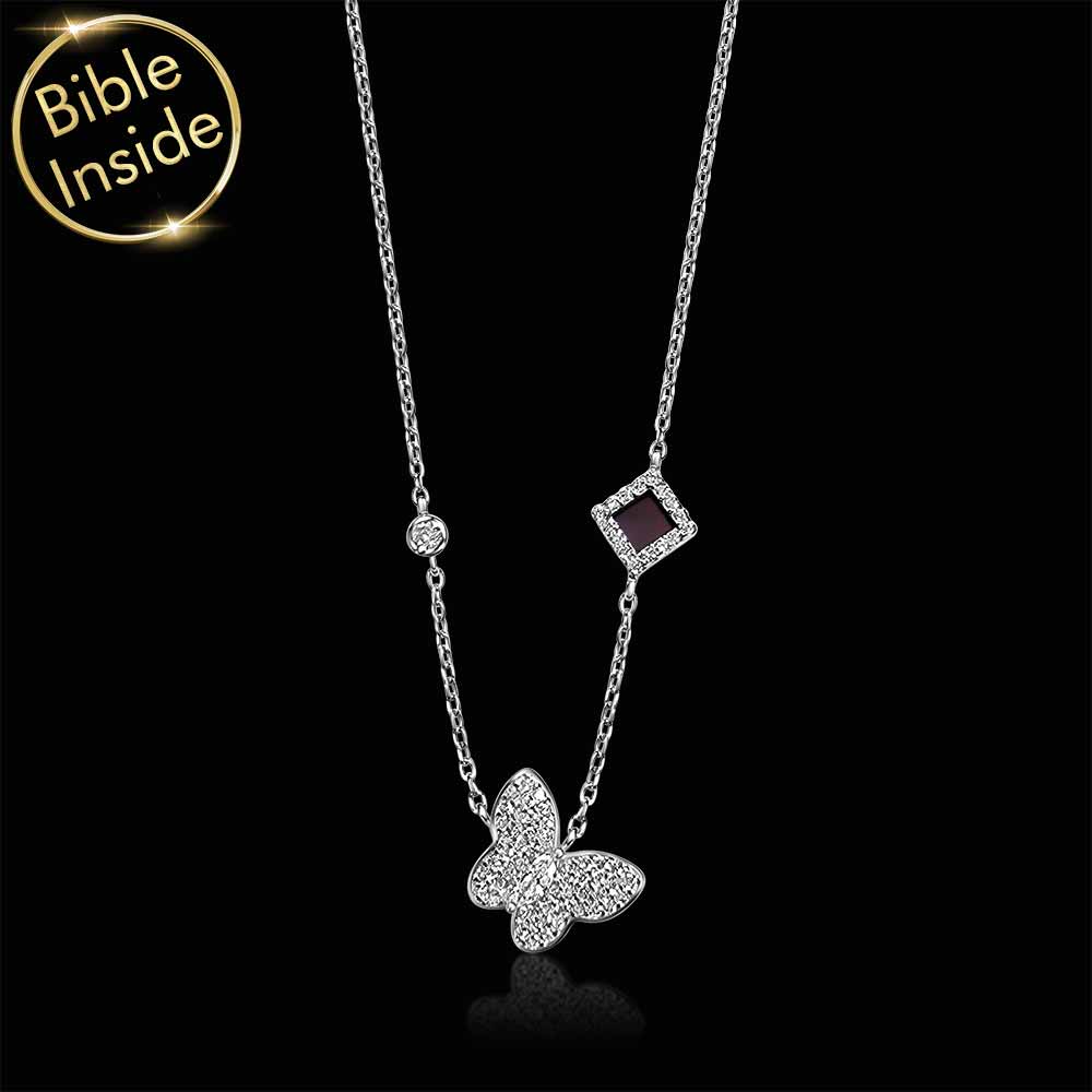 שרשרת זהב לבן לבת מצווה עם פרפר נוצץ וננו תנ"ך