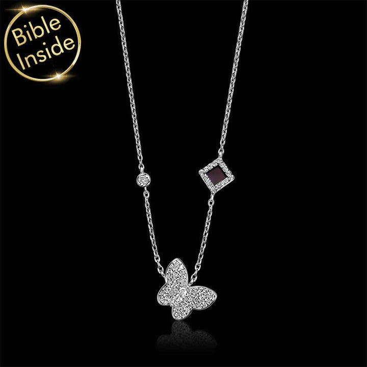 שרשרת זהב לבן לבת מצווה עם פרפר נוצץ וננו תנ"ך