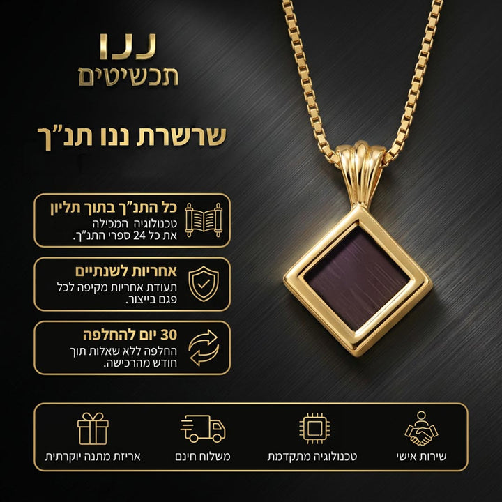 תכשיט עם תנ"ך בצורת מעוין, שבב כהה בתוך מסגרת בגוון זהב