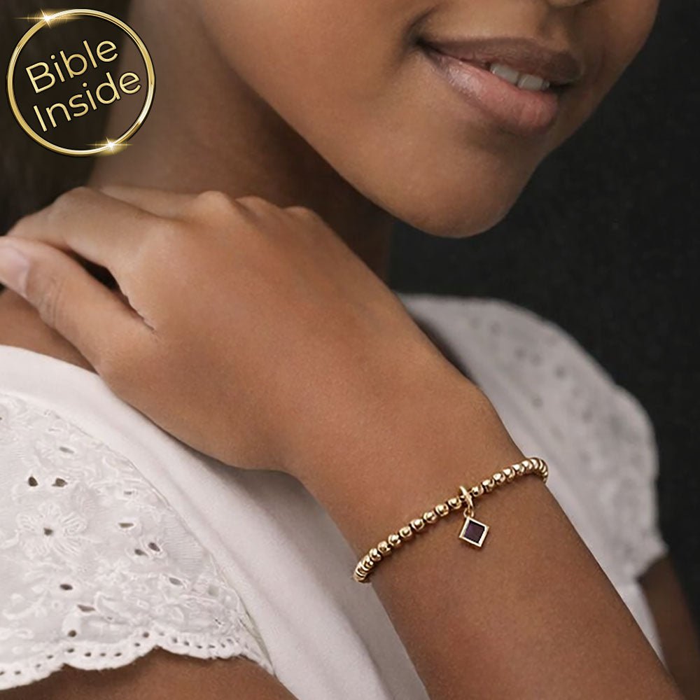 תכשיטים לבת מצווה זהב — צמיד חרוזים עדין עם כל התנ"ך בפנים