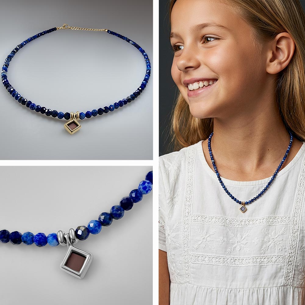 שרשרת בת מצווה – חרוזי לאפיס כחולים עם כל 24 ספרי התנ"ך