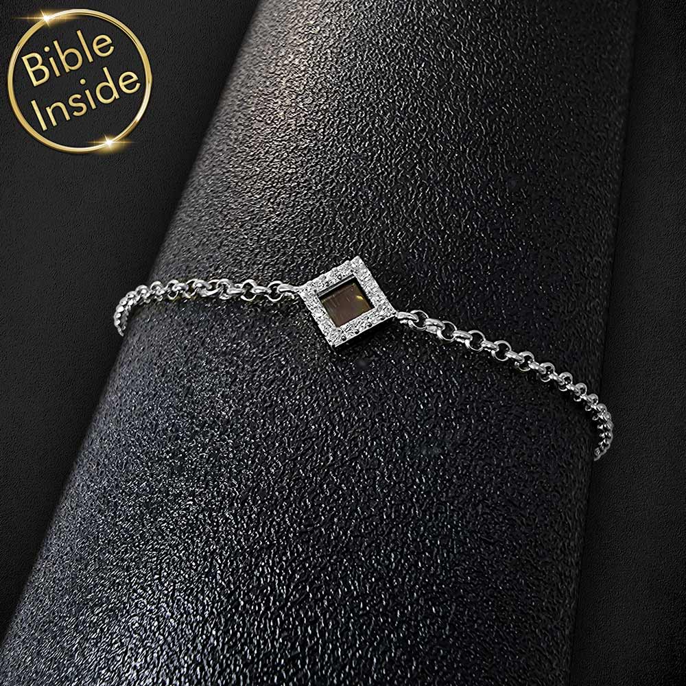 צמיד תנך לנשים זהב לבן עם ריבוע משובץ