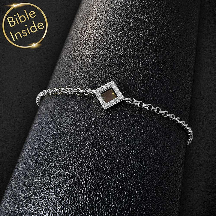 צמיד תנך לנשים זהב לבן עם ריבוע משובץ