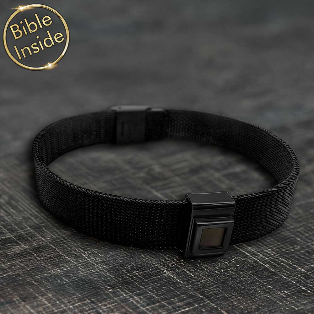 צמיד שחור לגבר עם תנך | 24 סיפרי התנ"ך בחריטה | מיי ננו תכשיטים