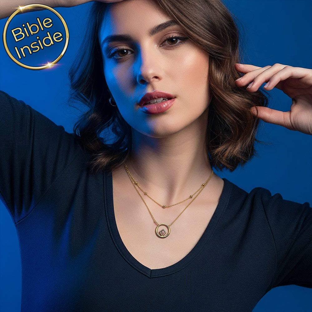 שרשרת עם תנך Sunrise, תליון עגול וריבוע כהה במרכז